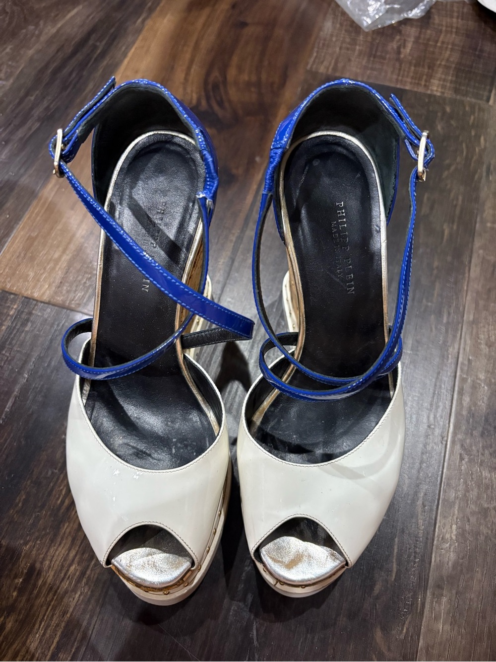 Philipp Plein White Peep-Toe Heels with Blue Ankle Straps